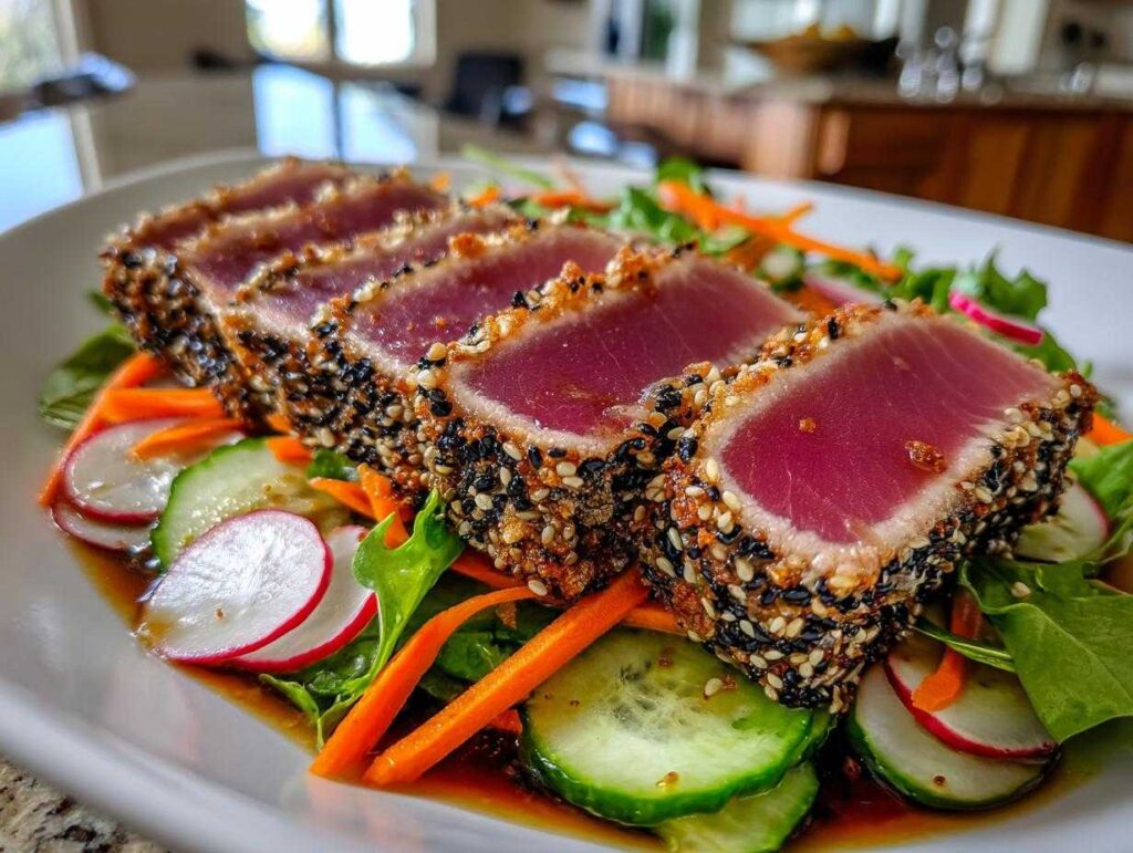 Close-up of seared ahi tuna salad with sesame crust, sliced and served over fresh greens and vegetables.