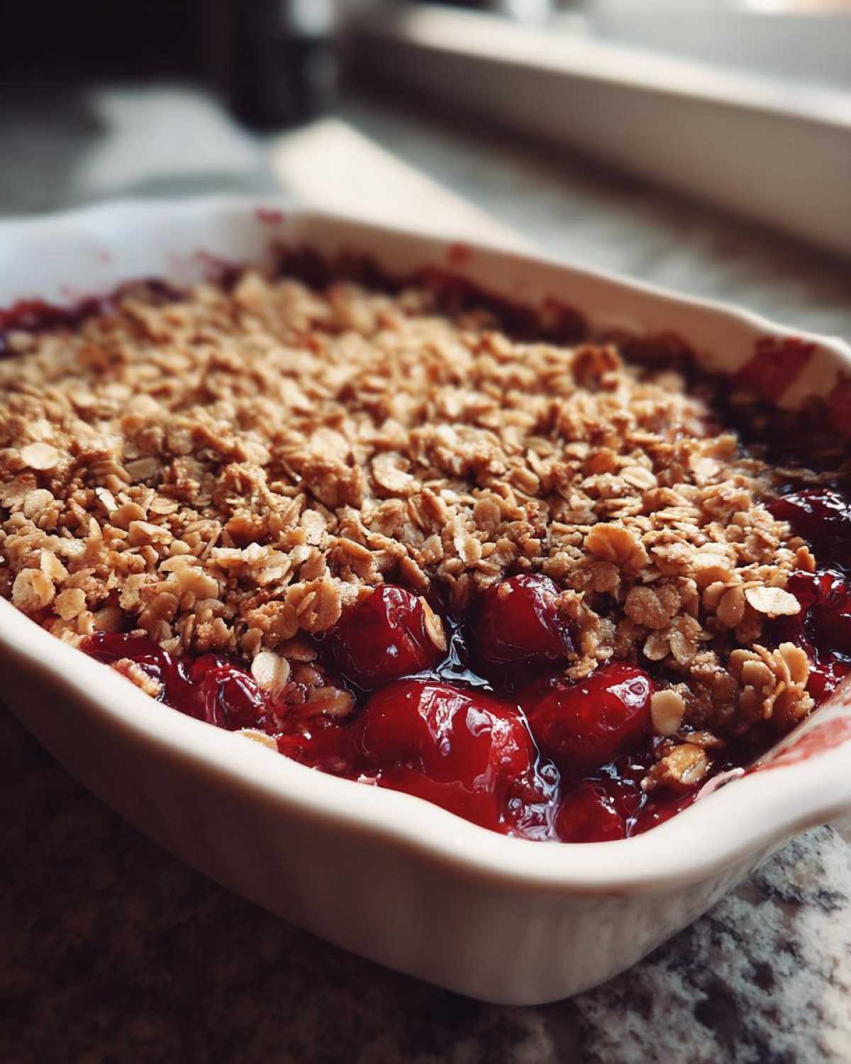 Close-up of a freshly baked sour cherry crisp gluten free in a white baking dish, showing the cherry filling and oat topping.