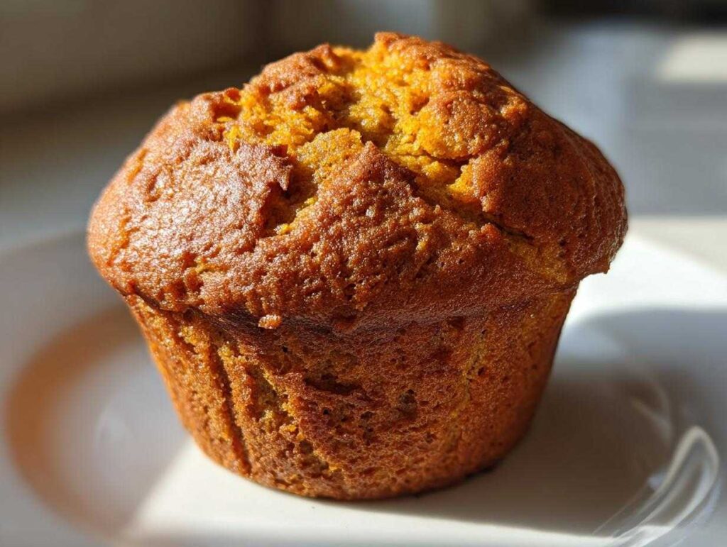 A single sourdough pumpkin muffin sits on a white plate, showcasing its golden-brown color and textured top.