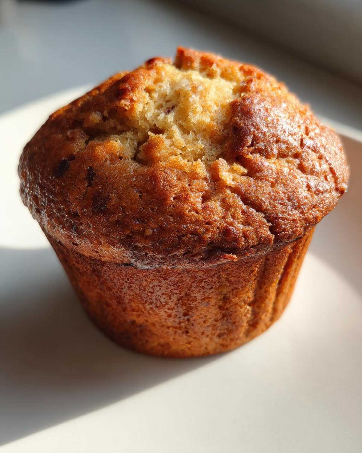 A single sourdough pumpkin muffin sits on a white plate, showcasing its golden-brown color and texture.