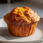 A single, golden brown sourdough pumpkin muffin sits on a light gray plate, ready to be enjoyed.