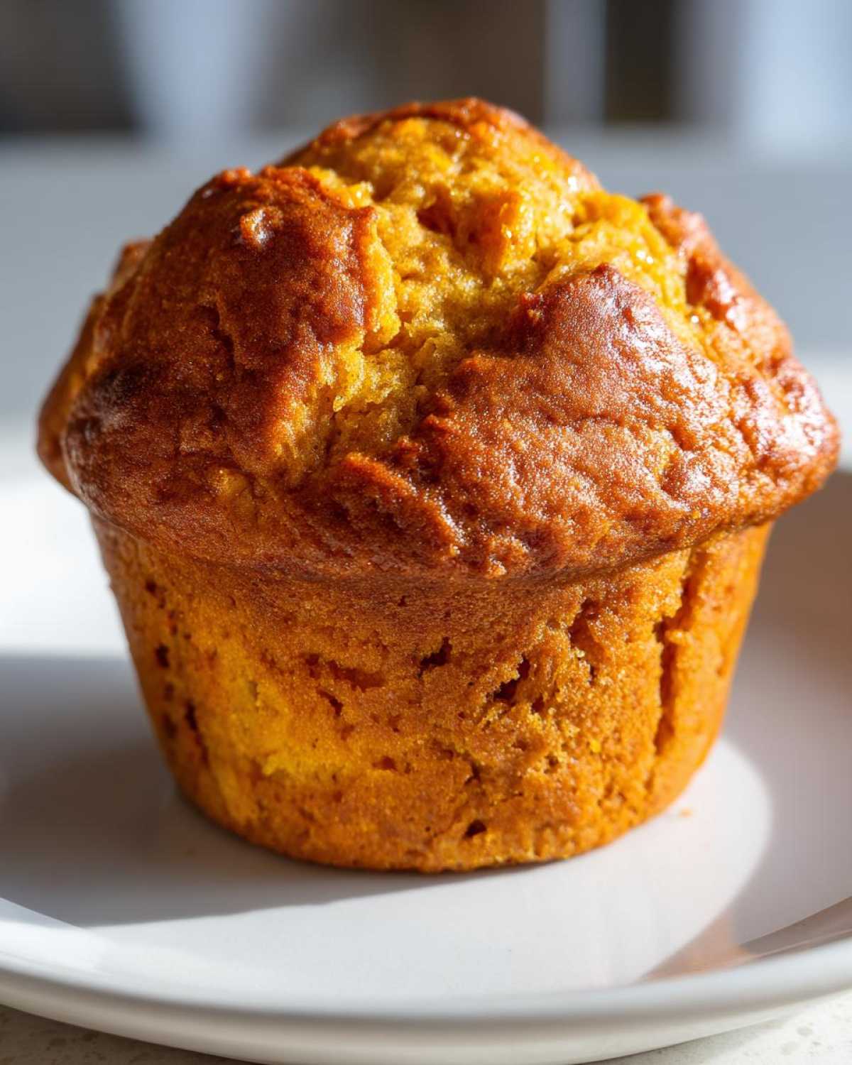A single sourdough pumpkin muffin sits on a white plate, showcasing its golden-brown color and texture.