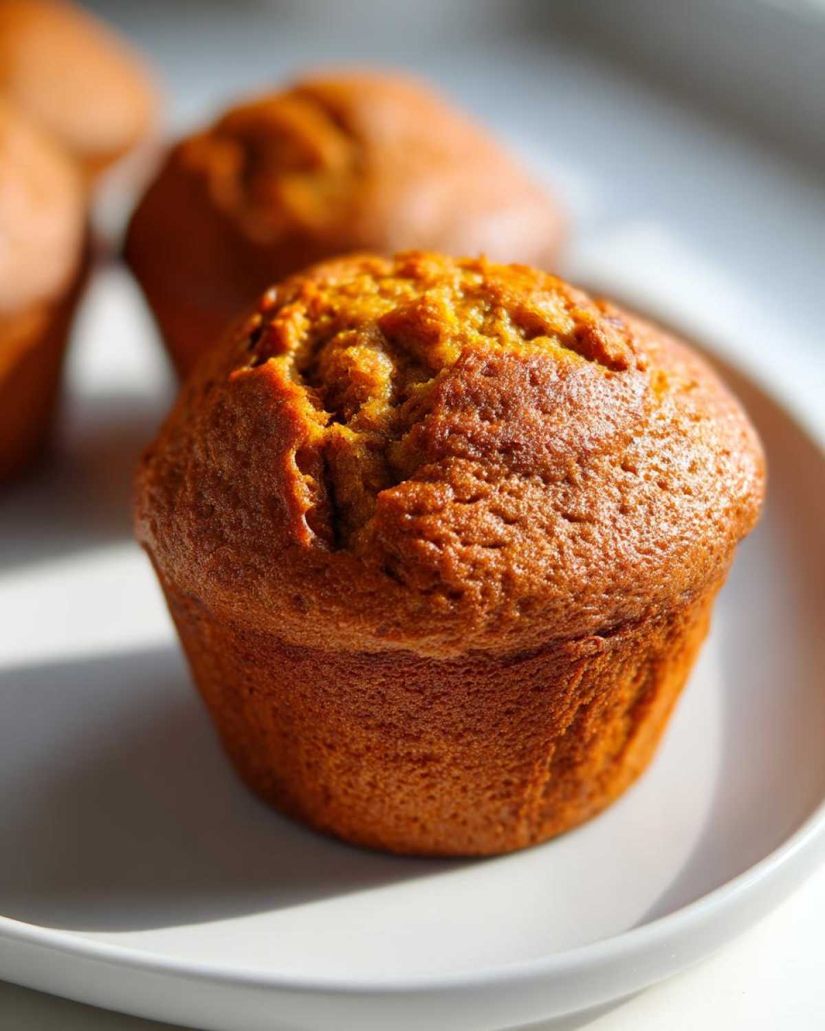 Close-up of a freshly baked sourdough pumpkin muffin on a white plate.
