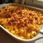 Close-up of a baking dish filled with golden-brown baked macaroni and cheese, topped with crispy breadcrumbs.