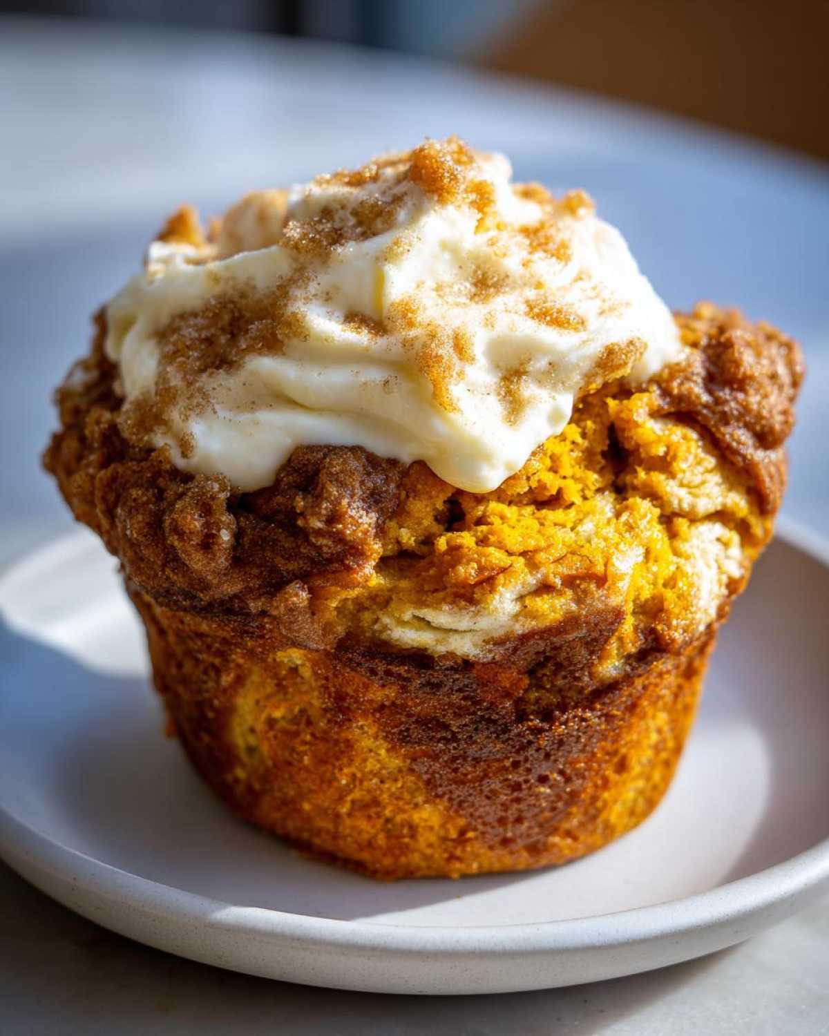 A close-up of a Starbucks pumpkin cream cheese muffin with cream cheese frosting and a sprinkle of cinnamon.