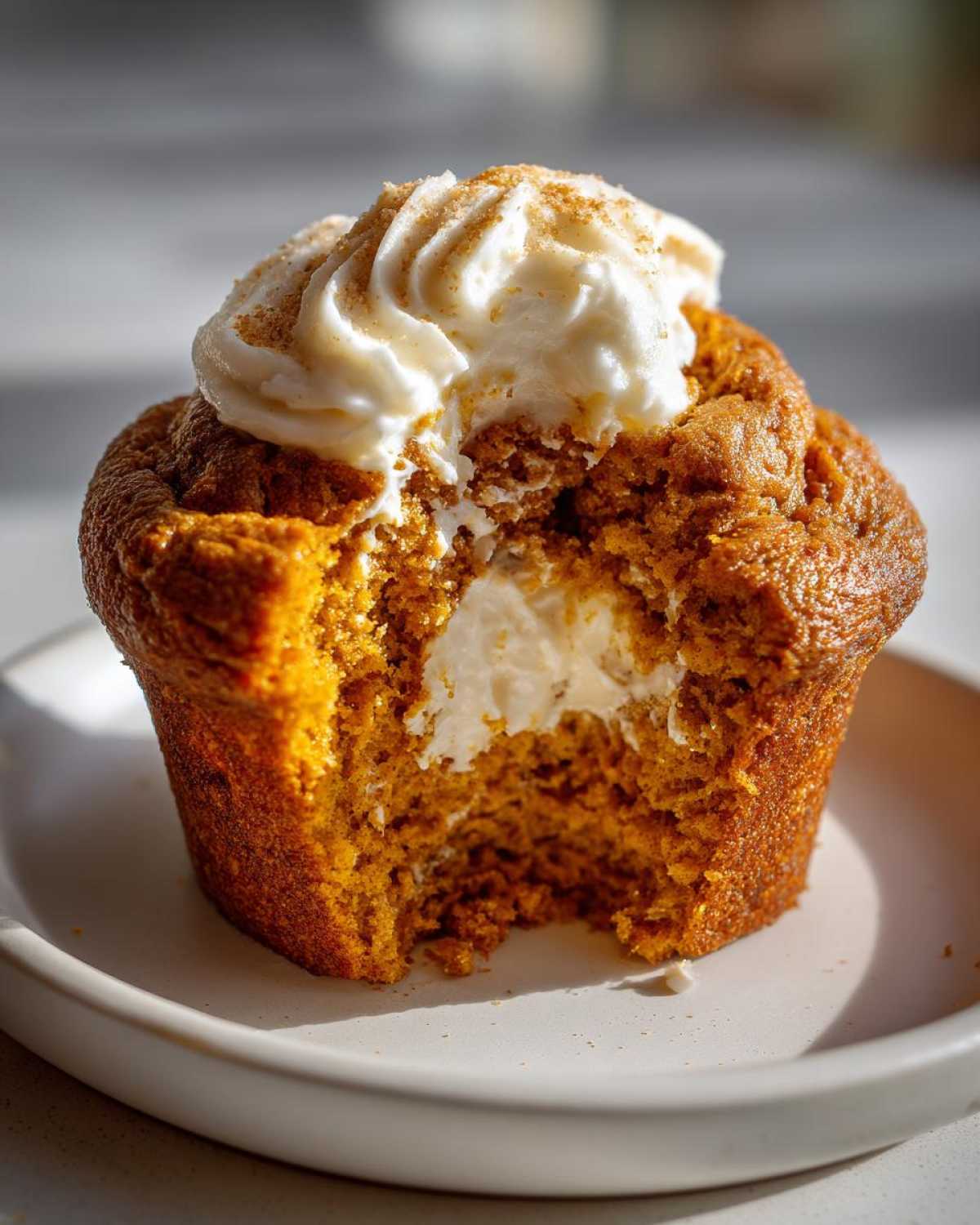 A Starbucks pumpkin cream cheese muffin with a bite taken out, revealing the cream cheese filling.