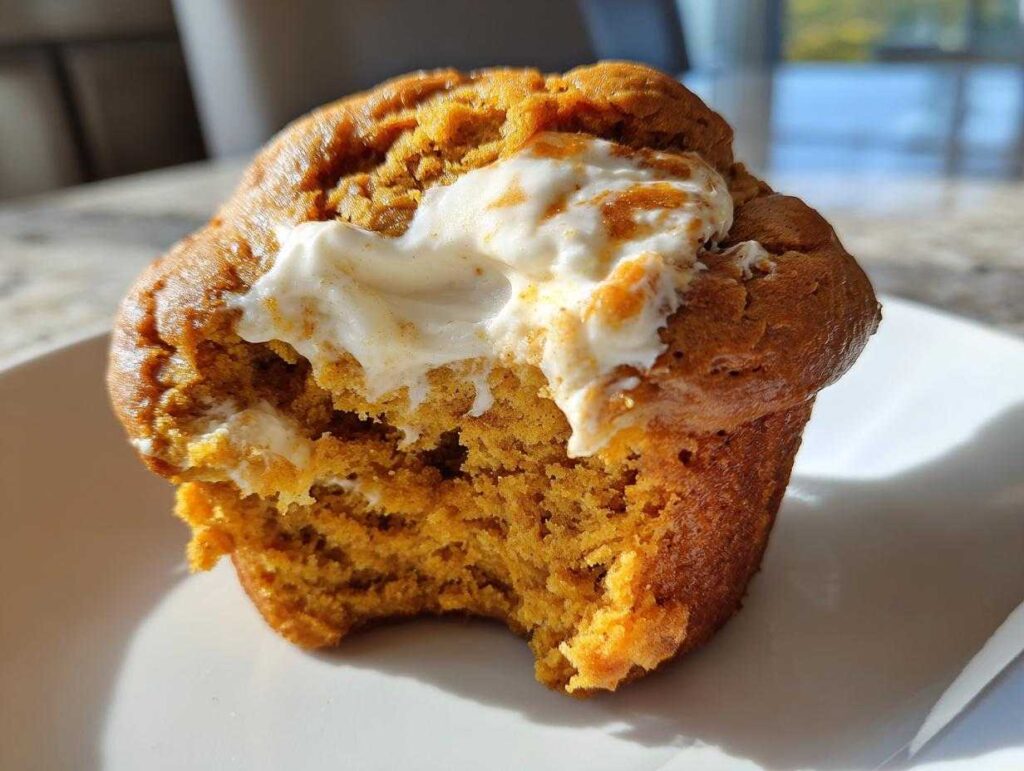 Close-up of a Starbucks pumpkin cream cheese muffin with a bite taken out, showing the cream cheese filling.