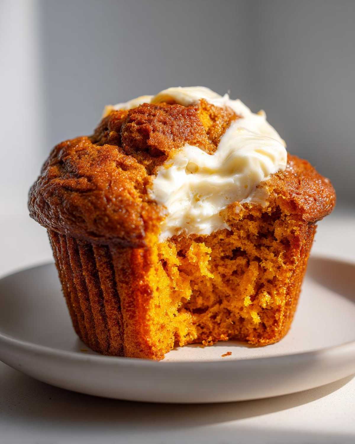 Close-up of a Starbucks pumpkin cream cheese muffin with a bite taken out, showing the cream cheese filling.