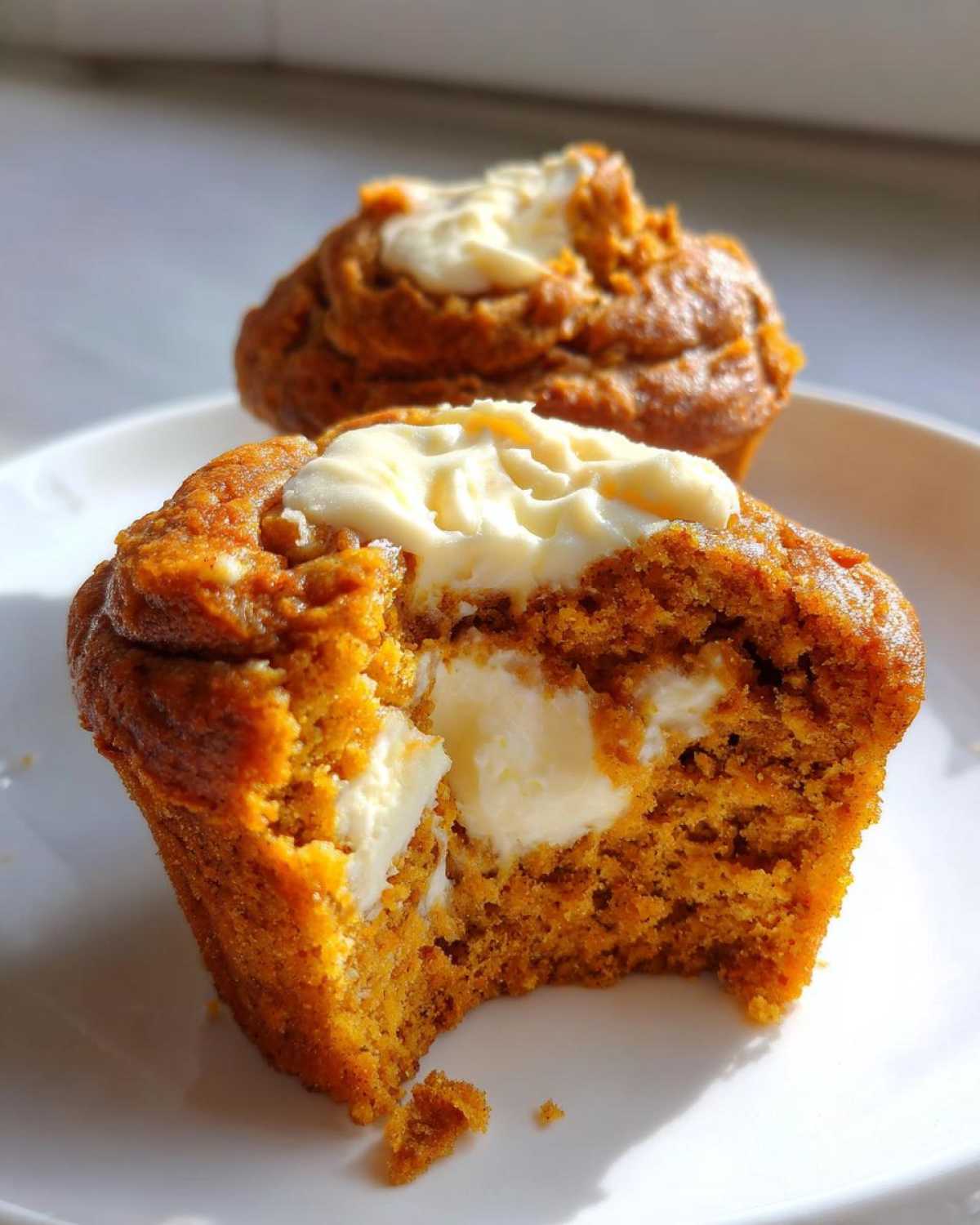 Two Starbucks pumpkin cream cheese muffins, one with a bite taken out showing the cream cheese filling.