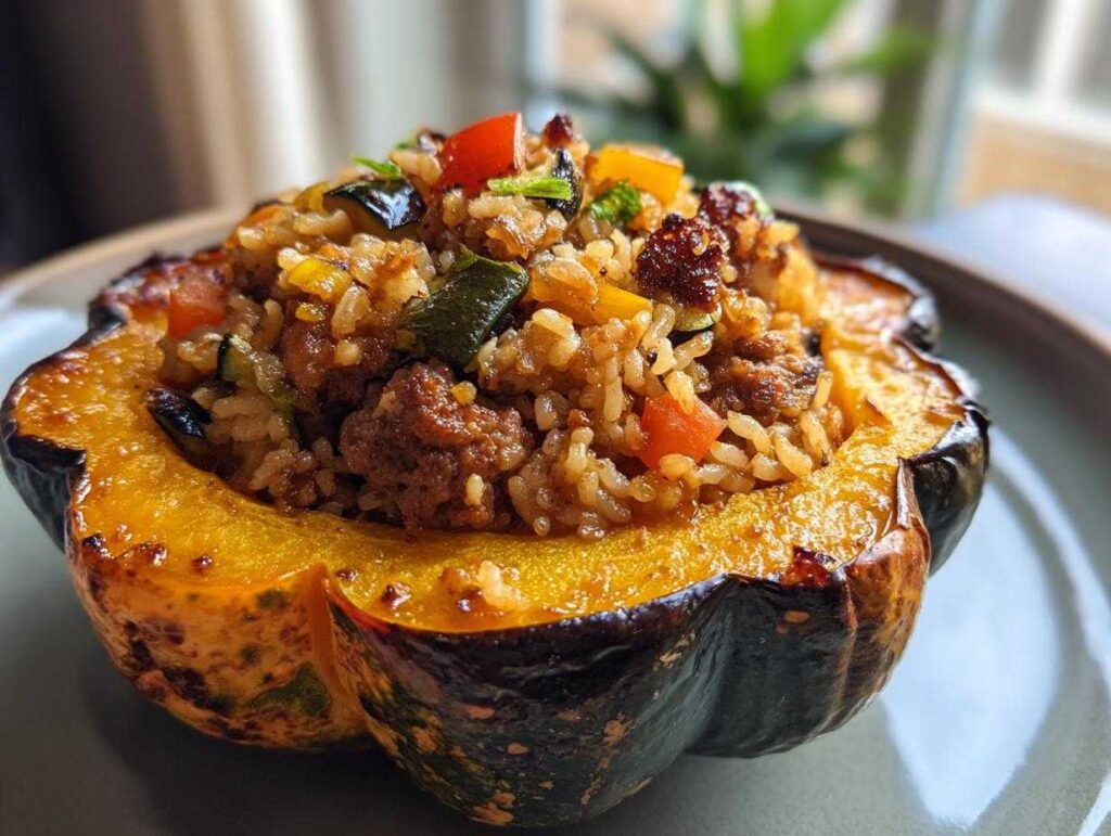 A delicious stuffed acorn squash filled with rice, vegetables, and meat. Ready to eat!