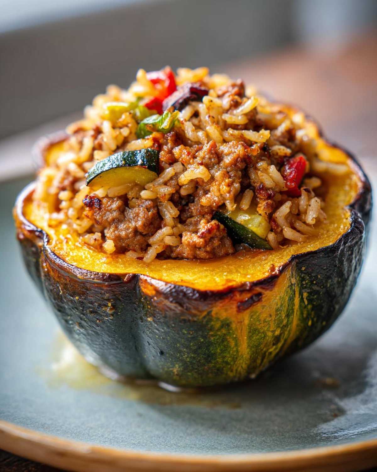 Close-up of a half stuffed acorn squash filled with rice, meat, and zucchini.