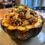 Close-up of a half stuffed acorn squash filled with rice, sausage, and vegetables.