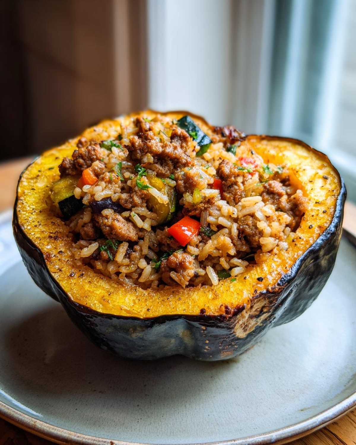 Close-up of a half stuffed acorn squash filled with rice, meat and colorful vegetables.