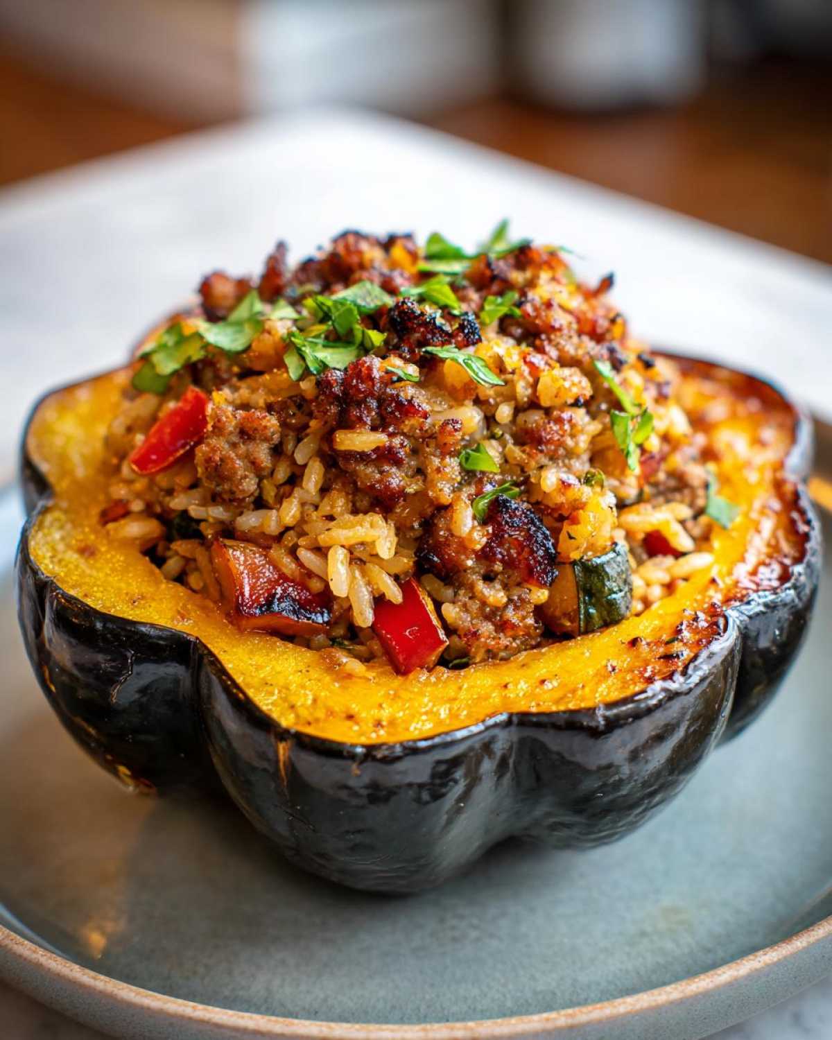 Close-up of a savory stuffed acorn squash filled with rice, vegetables, and herbs.