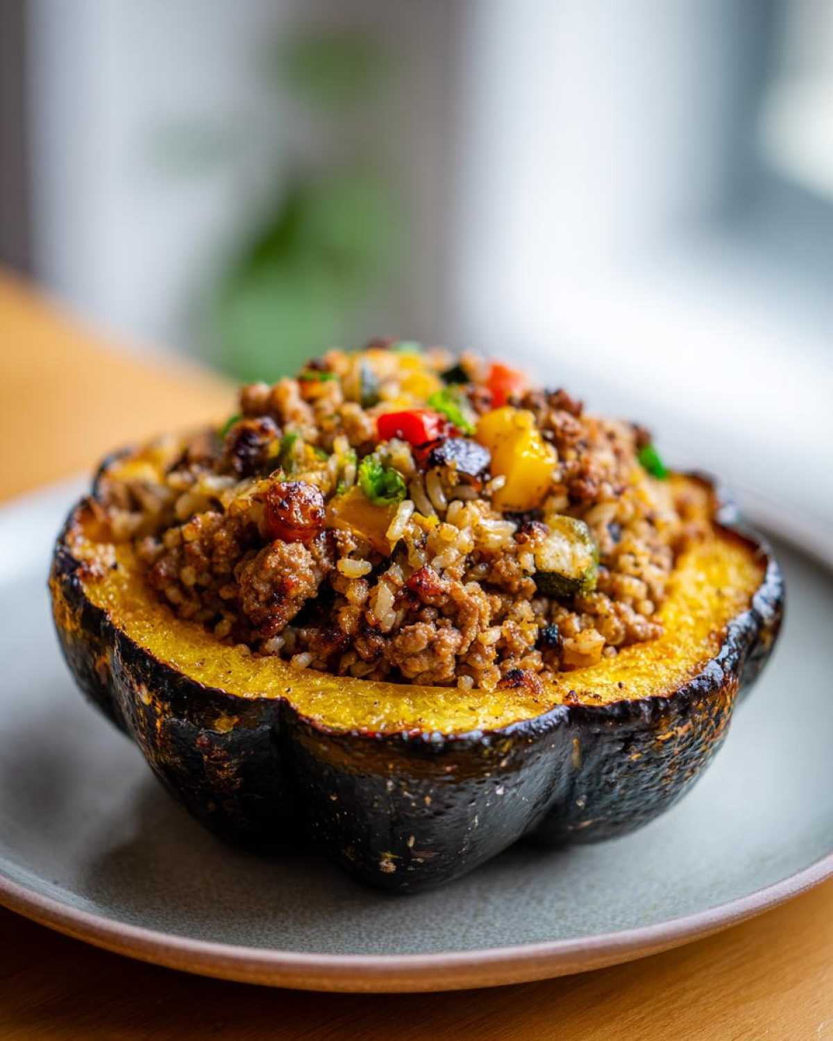 A half of stuffed acorn squash filled with a savory mixture of meat, rice, and vegetables.