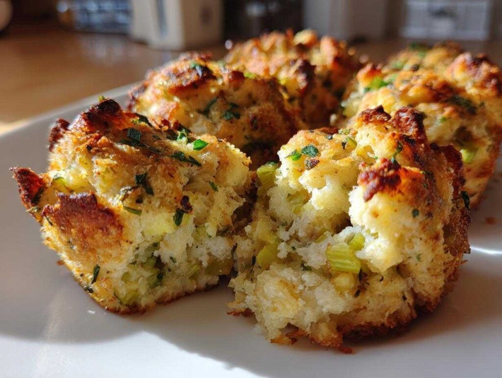 Close-up of golden brown stuffing balls, one split open revealing celery and herbs.