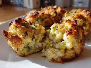 Close-up of golden brown stuffing balls, one split open revealing celery and herbs.