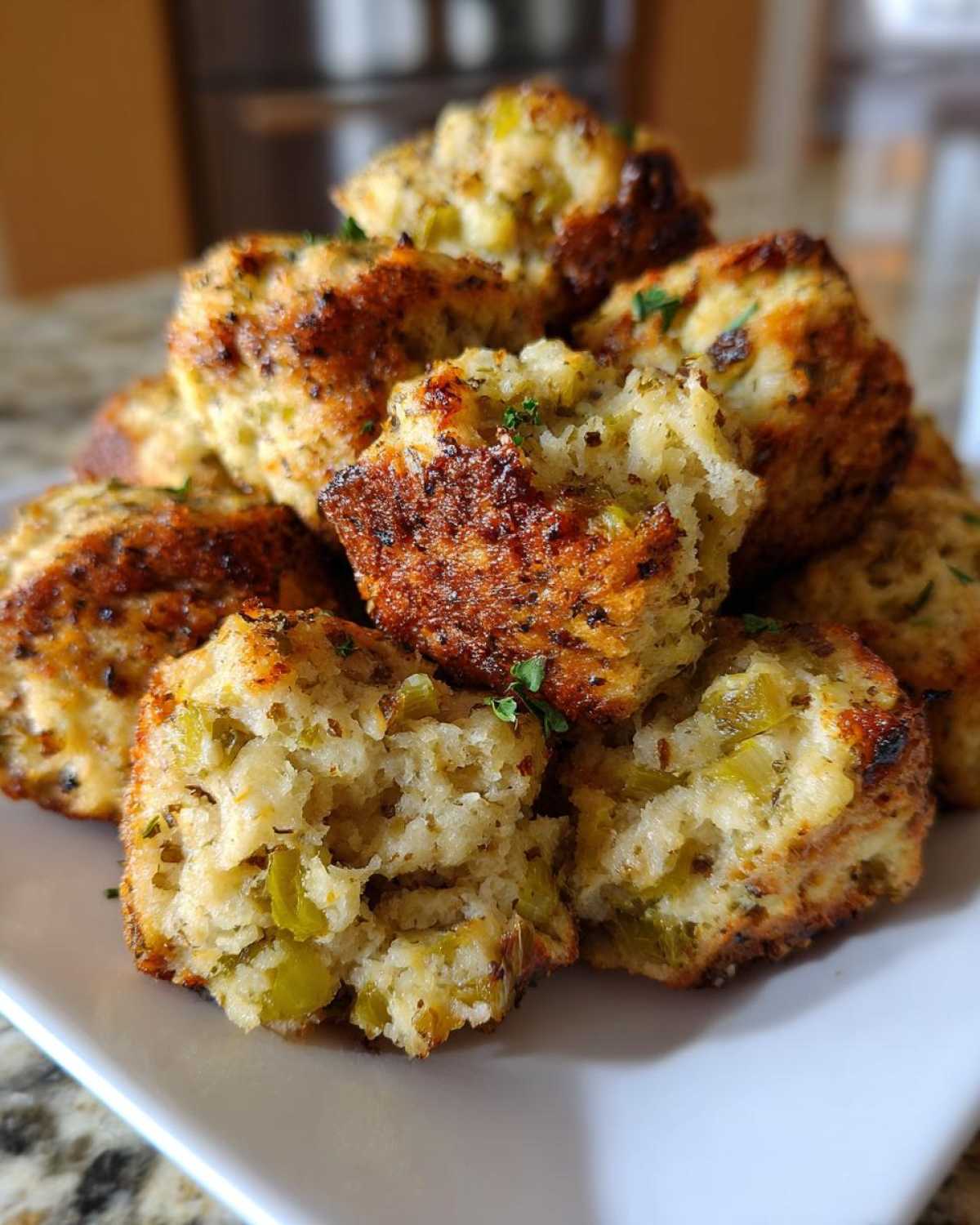 A close-up of a pile of golden brown stuffing balls, garnished with fresh herbs, showing visible pieces of celery inside.