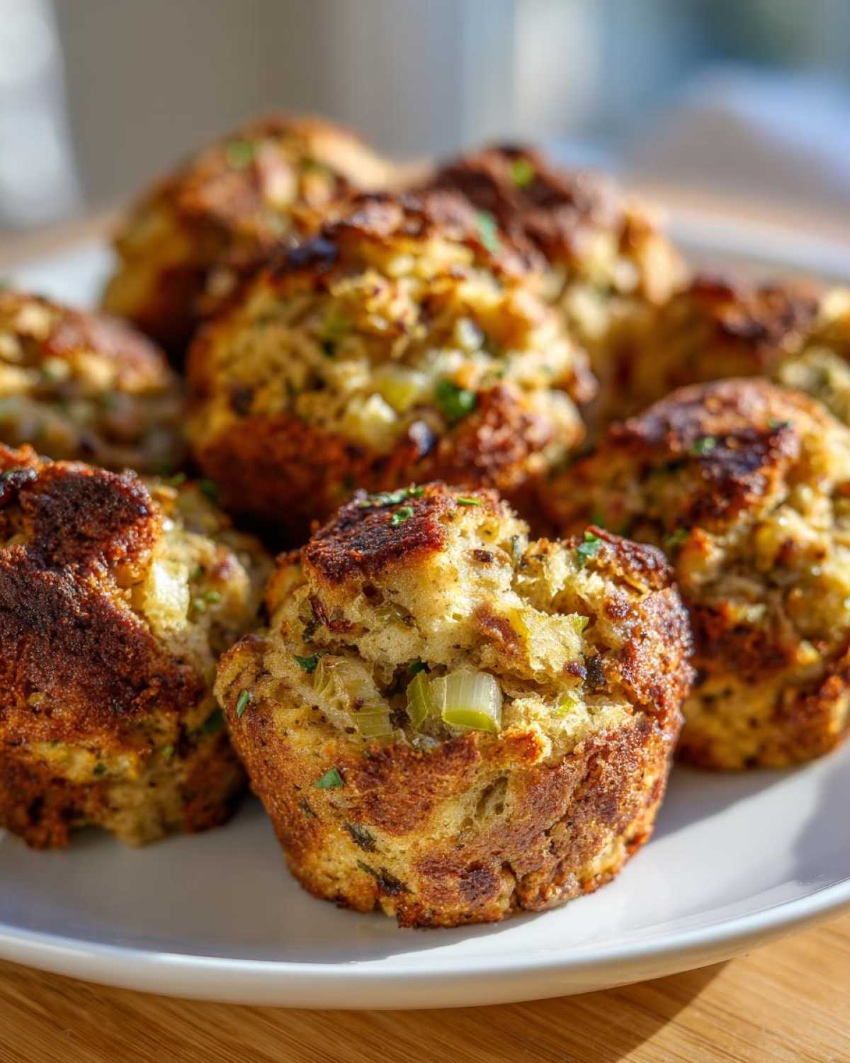 A close-up of golden brown stuffing balls, garnished with fresh herbs, arranged on a white plate.