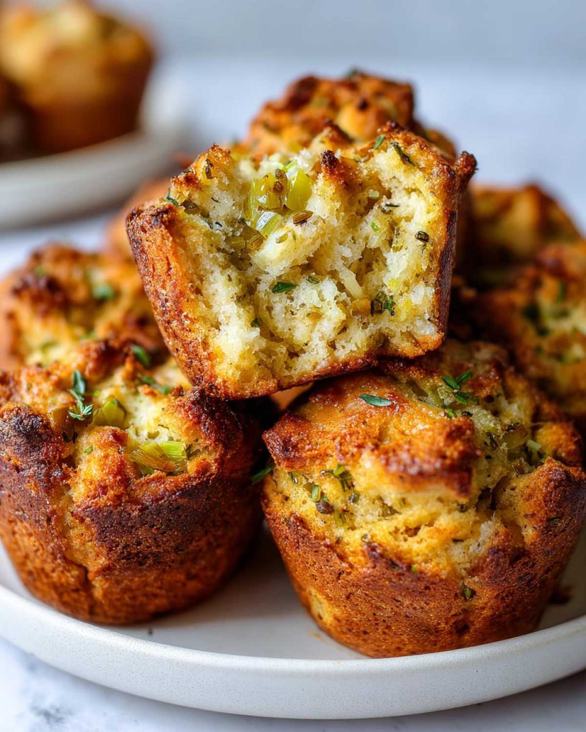 Close-up of golden brown stuffing balls, one broken open to reveal herbs and vegetables inside.