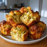 A close-up of golden-brown stuffing balls with visible green herbs and celery.
