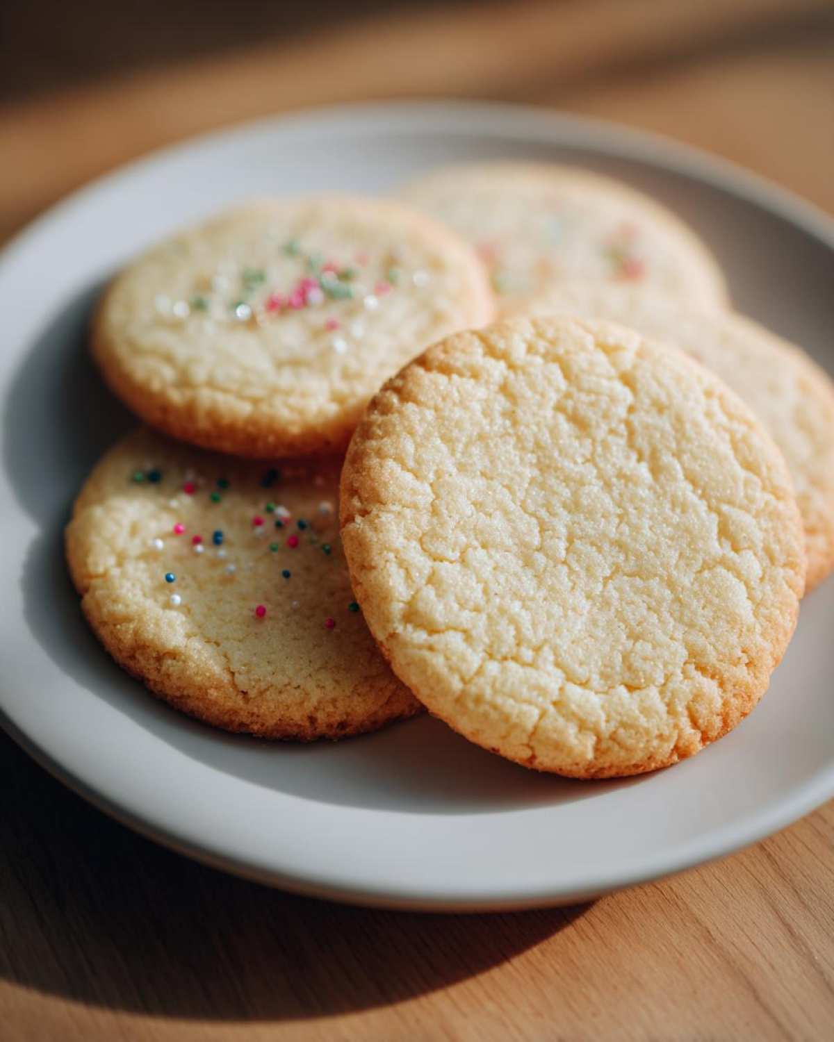 Close-up of perfect sugar cookies on a plate, some decorated with colorful sprinkles.