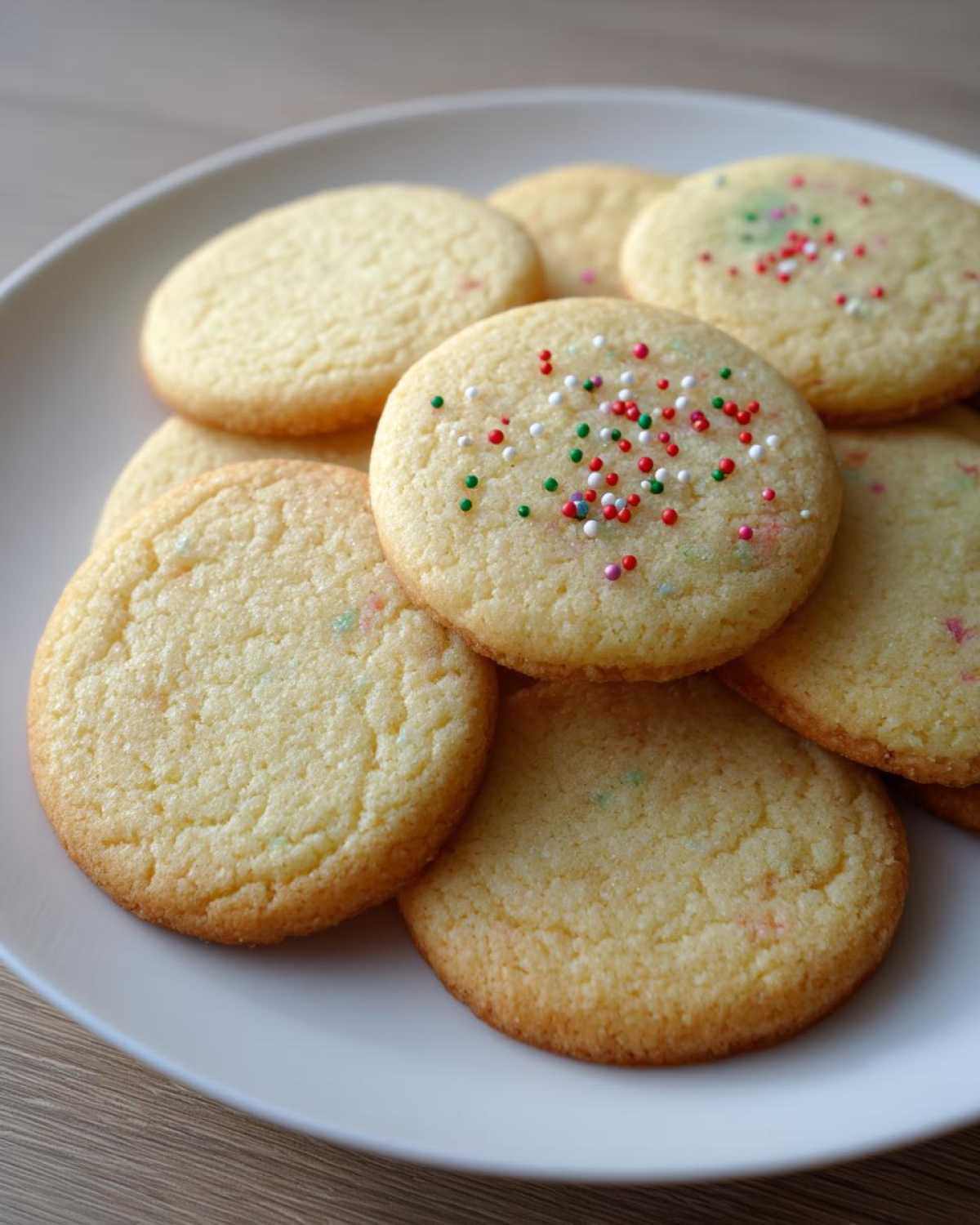 A pile of golden-brown sugar cookies with colorful sprinkles on a white plate.