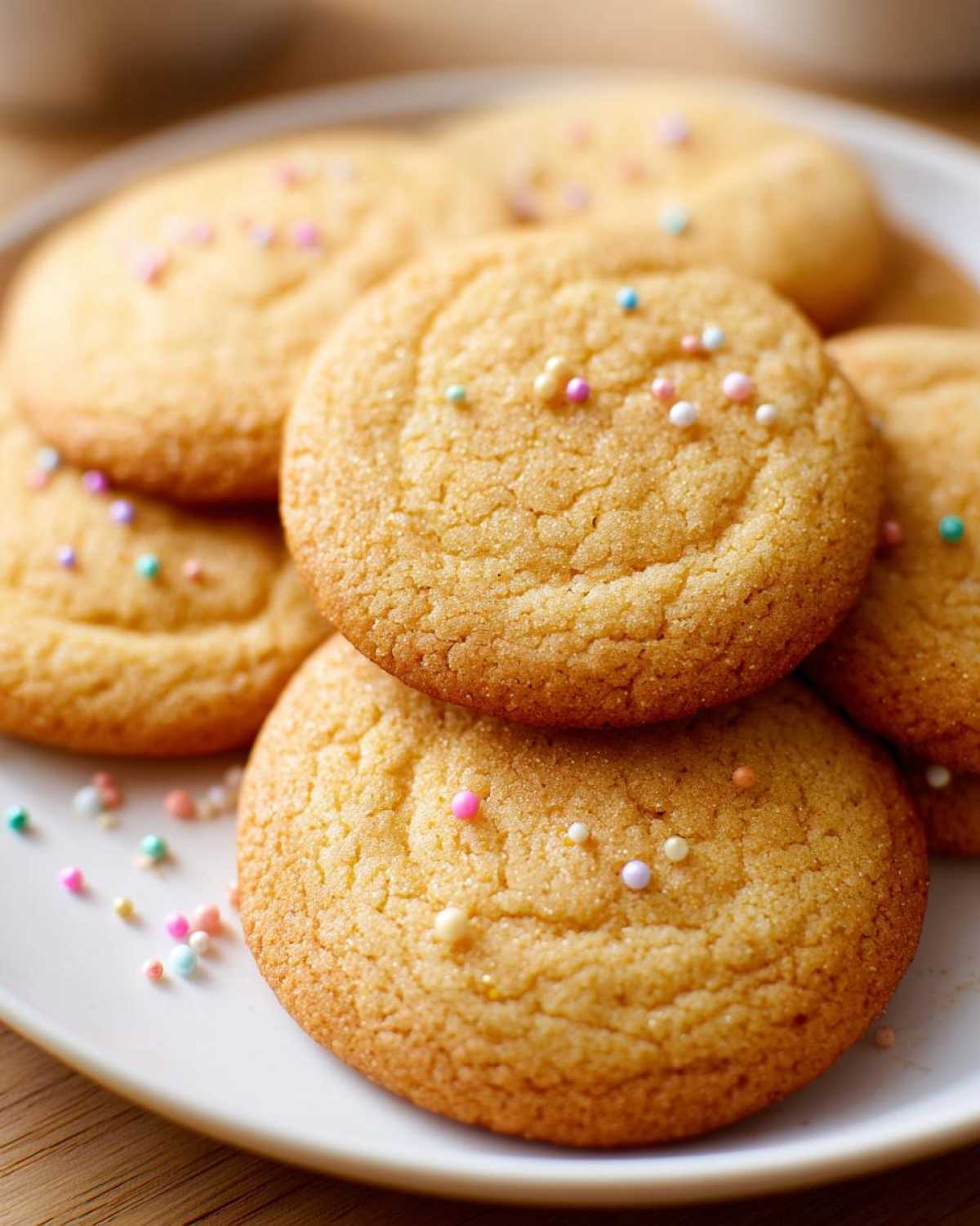 A close-up of golden brown sugar cookies topped with colorful sprinkles on a white plate.