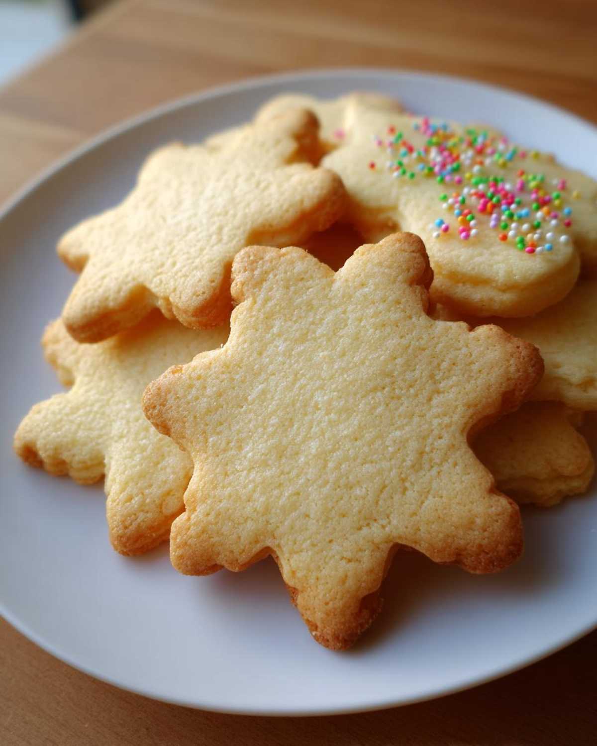 A close-up of golden-brown sugar cookies on a white plate, some decorated with colorful sprinkles.