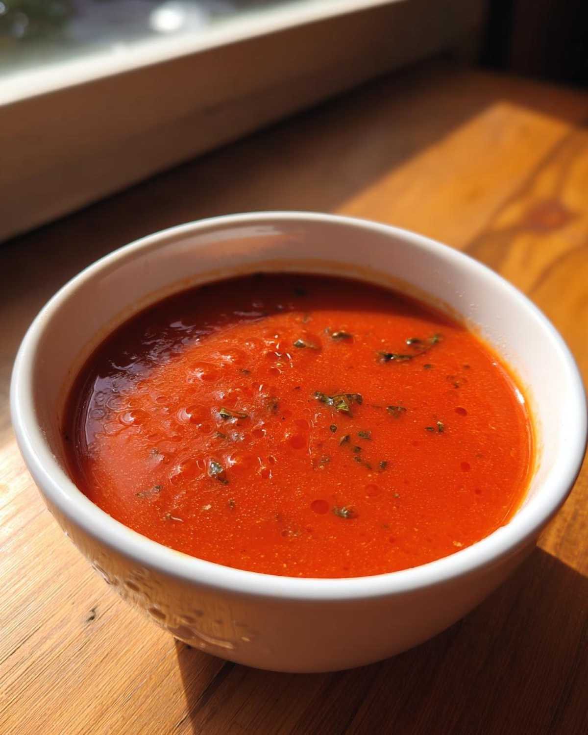 A bowl of vibrant tomato soup with fresh tomatoes, garnished with herbs, sits on a wooden surface.