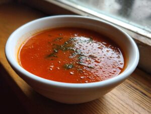 A bowl of vibrant tomato soup with fresh tomatoes, garnished with herbs, sits on a wooden surface.