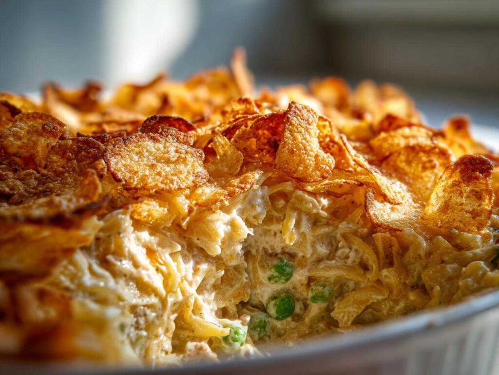 Close-up of creamy tuna casserole with potato chips topping, showing noodles, tuna, peas, and golden-brown chips.