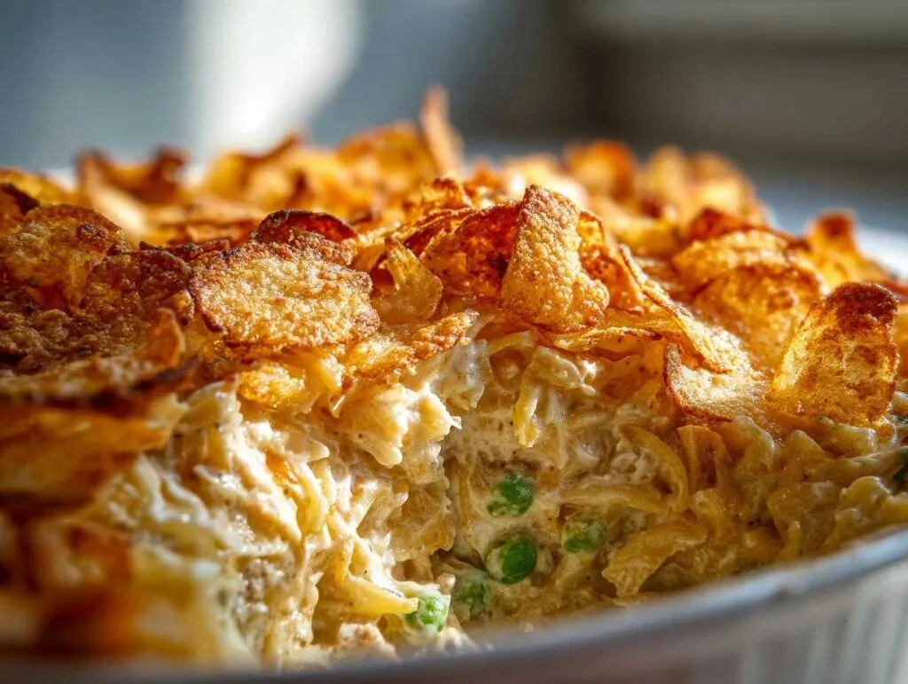 Close-up of creamy tuna casserole with potato chips topping, showing noodles, tuna, peas, and golden-brown chips.