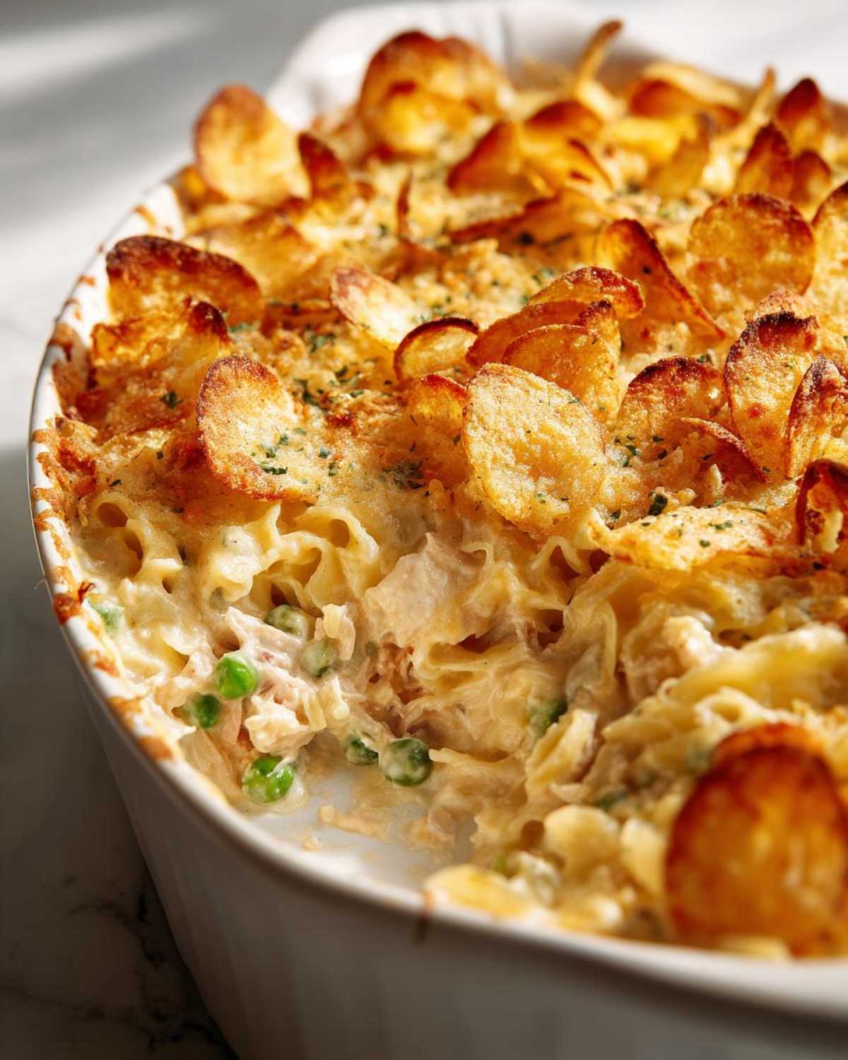 Close-up of tuna casserole with potato chips topping, pasta, tuna, and peas in a creamy sauce.