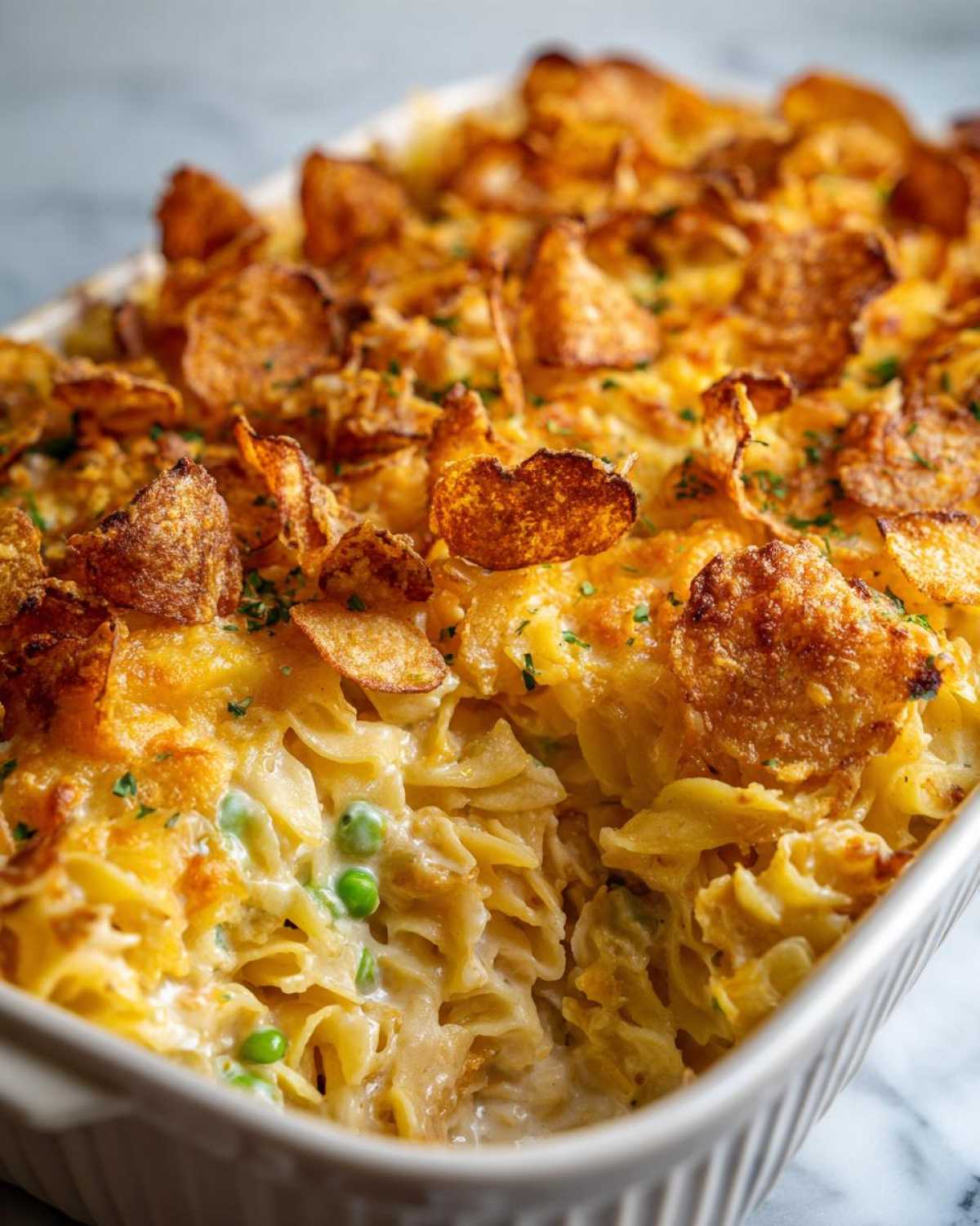 Close-up of tuna casserole with potato chips topping, showing noodles, peas, and creamy sauce.