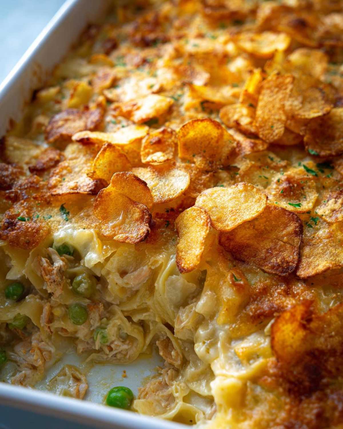 Close-up of tuna casserole with potato chips topping, showing creamy noodles, tuna, and peas.