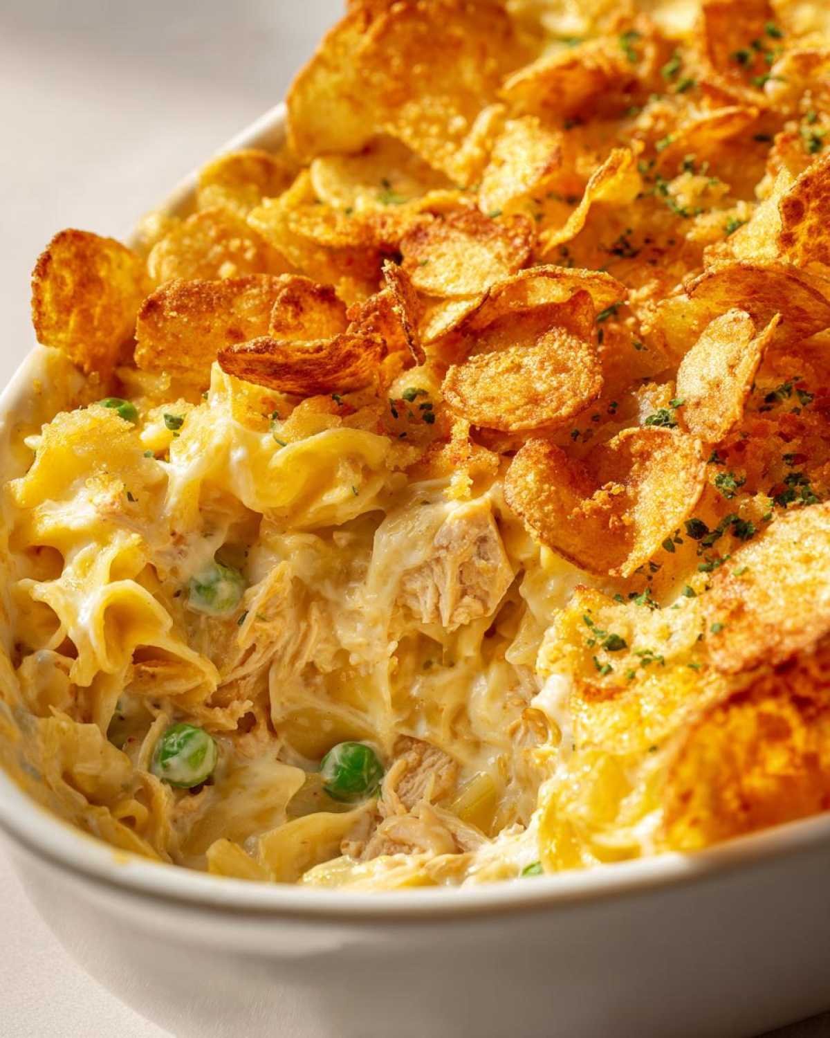 Close-up of tuna casserole with potato chips topping, noodles, tuna, and peas in a white baking dish.