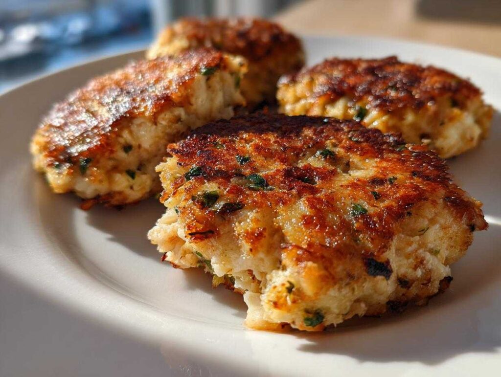Close-up of golden brown tuna patties air fryer recipe on a white plate, ready to eat.