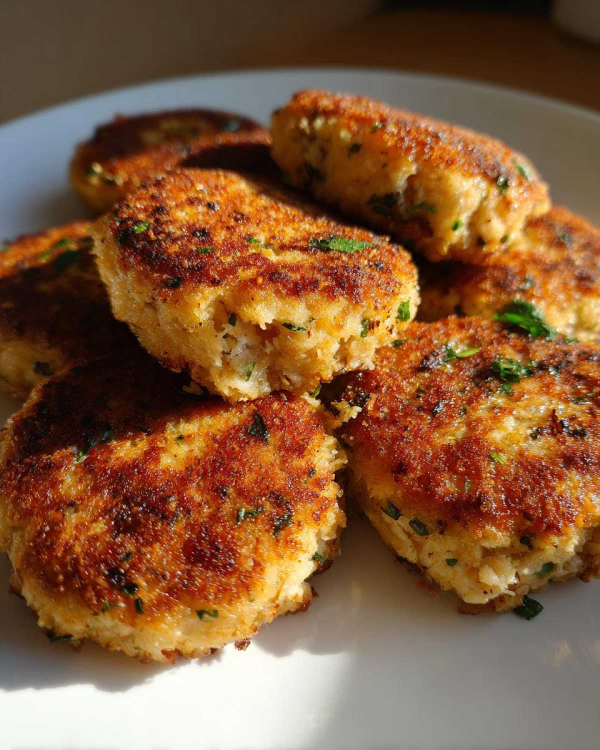 A stack of golden brown tuna patties air fryer recipe, garnished with herbs.