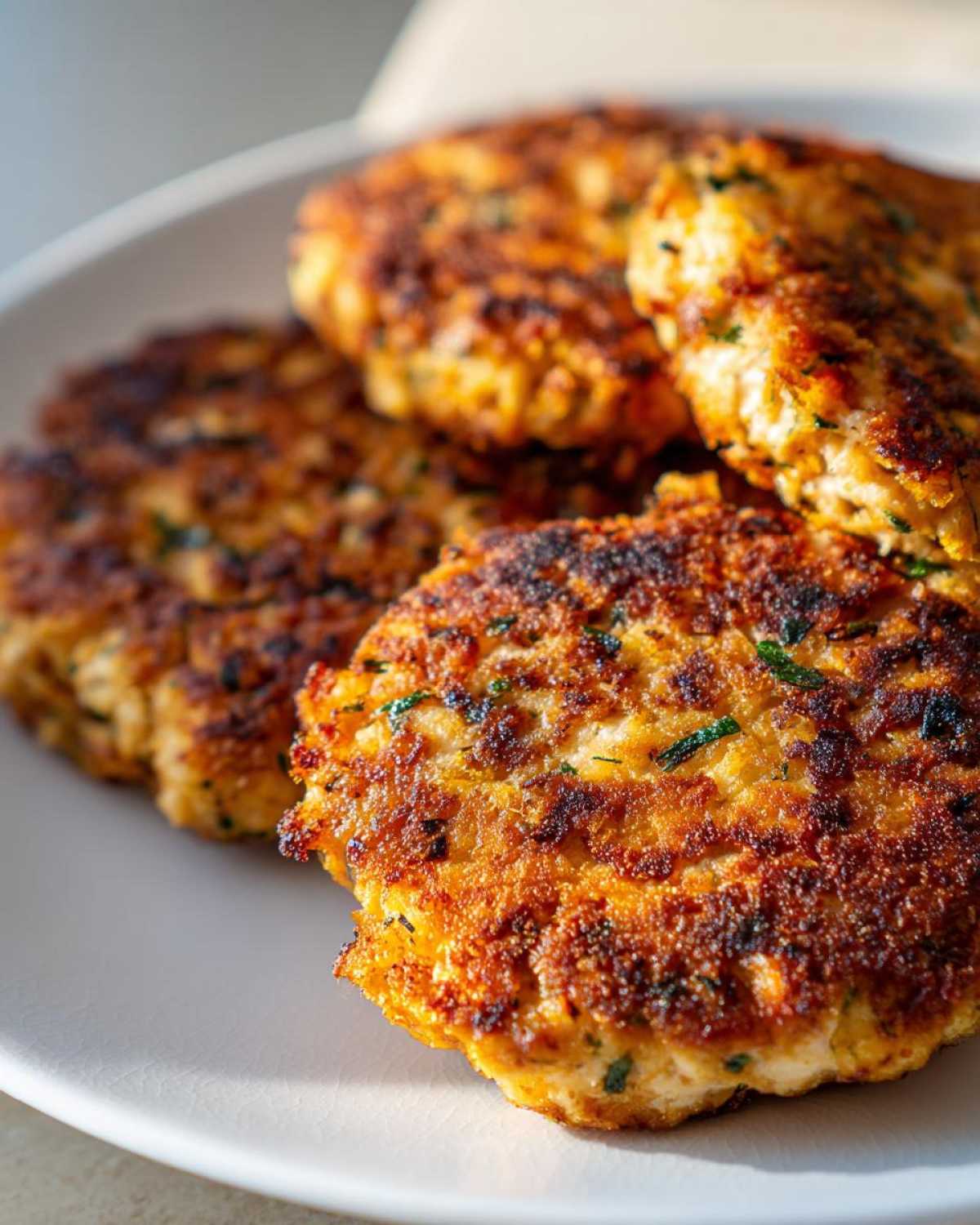 Close-up of crispy golden tuna patties air fryer recipe on a white plate, ready to serve.