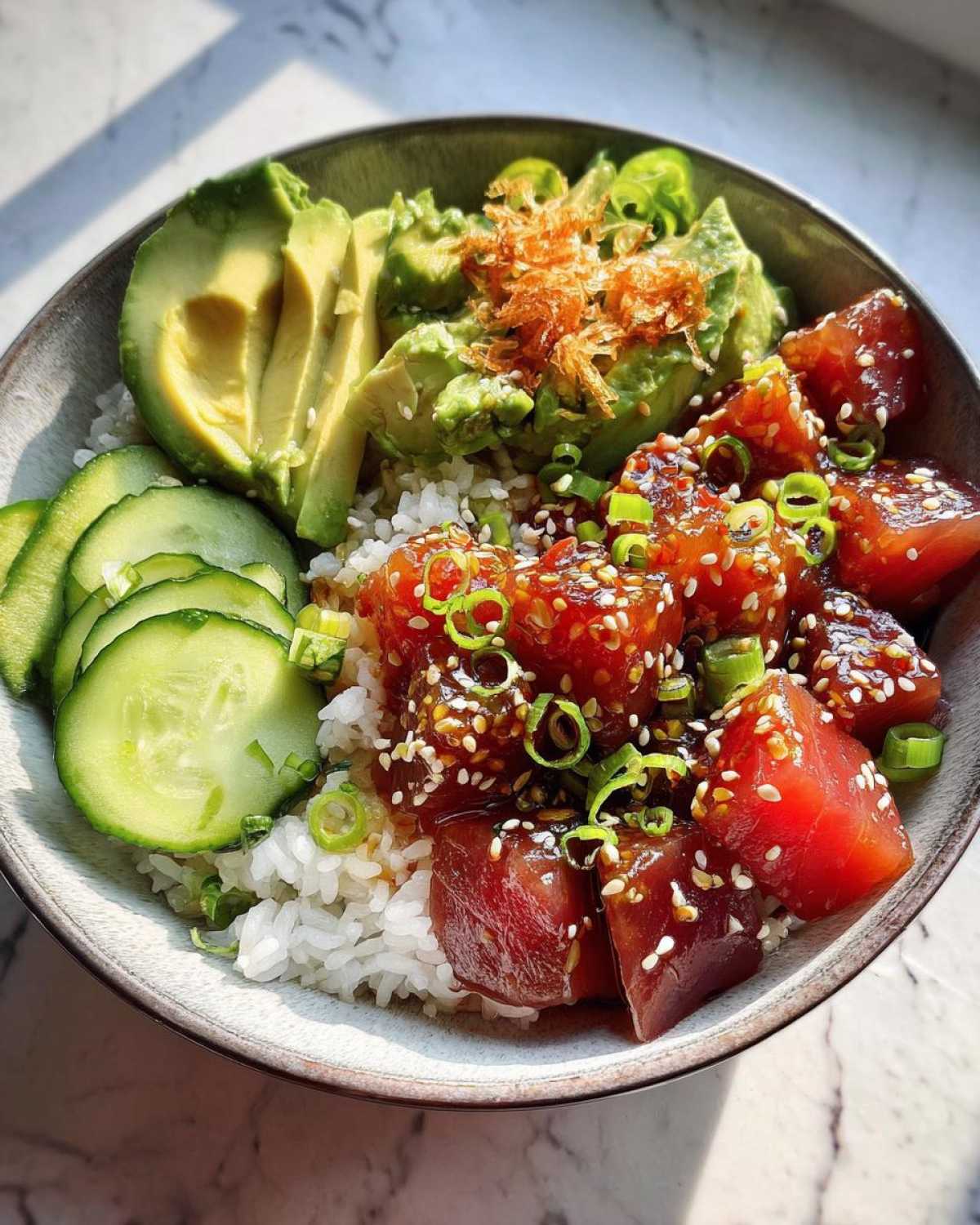 A vibrant tuna poke bowl with rice, tuna, avocado, cucumber, and sesame seeds.