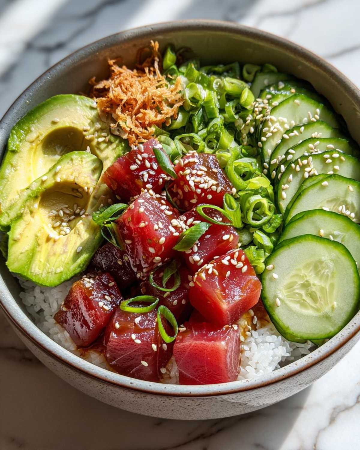 Close-up of a vibrant tuna poke bowl with tuna, avocado, cucumber, green onions, and sesame seeds.