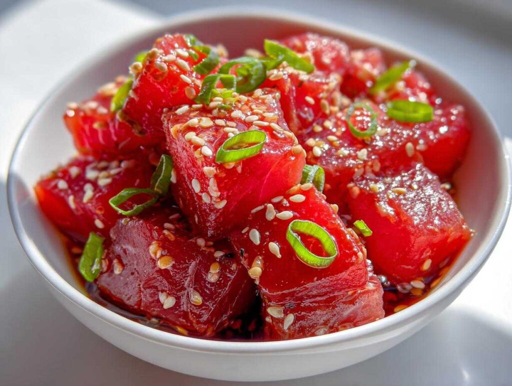 Close-up of tuna poke bowl marinade with sesame seeds and green onions in a white bowl.
