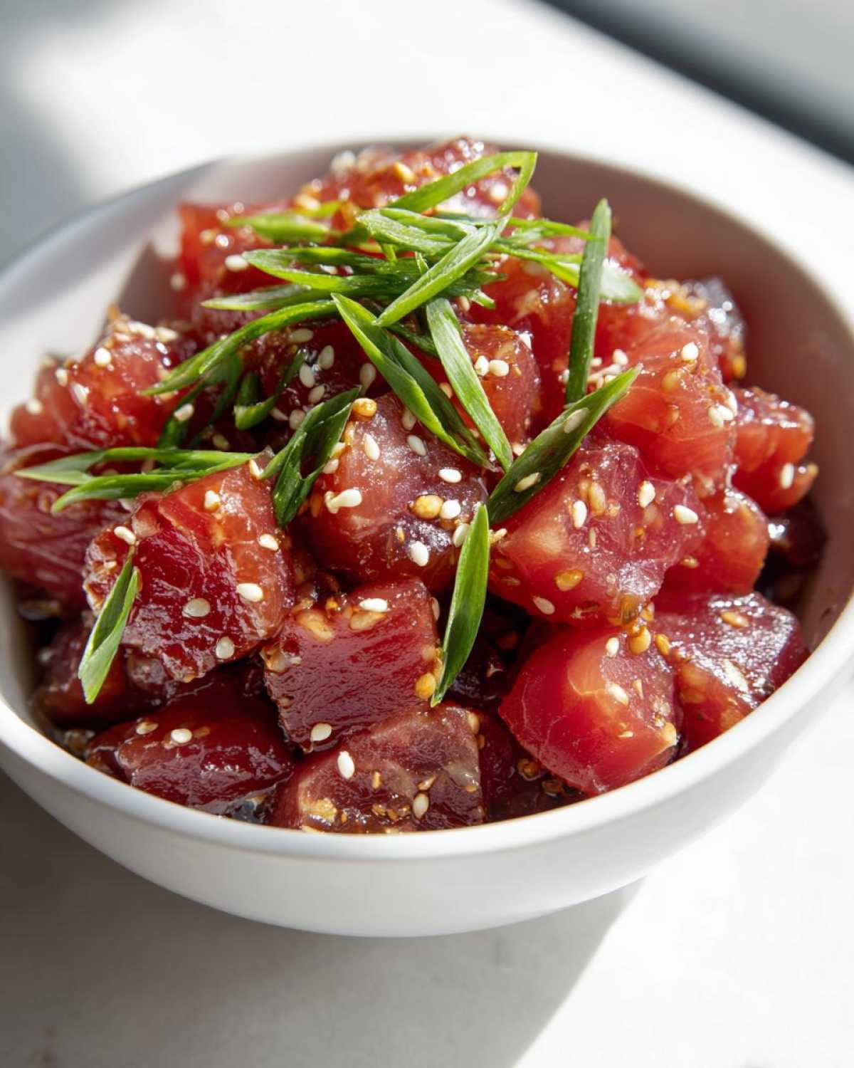 Close-up of a tuna poke bowl with a flavorful tuna poke bowl marinade, garnished with sesame seeds and green onions.