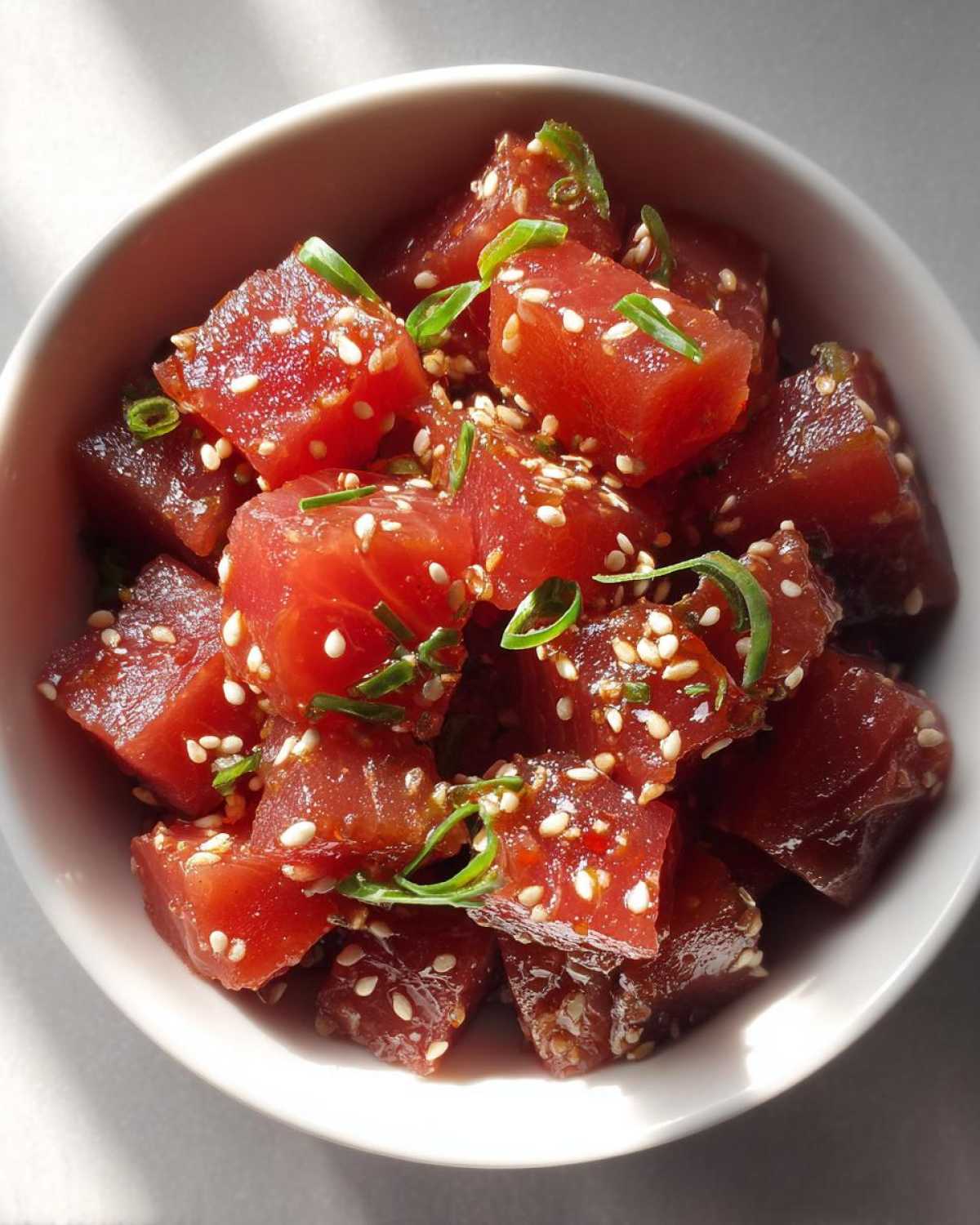 Close-up of tuna poke bowl marinade with sesame seeds and green onions in a white bowl.