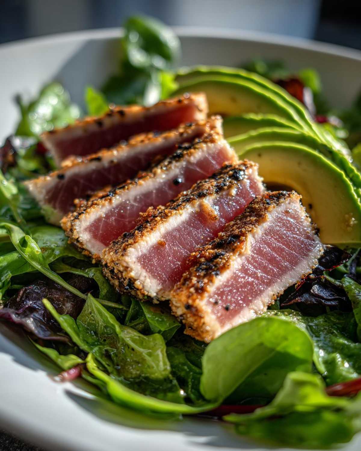 Close-up of a tuna steak salad with seared tuna, mixed greens, and avocado slices.