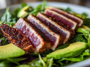 Close-up of a sliced tuna steak salad with seared tuna, avocado, and fresh greens.