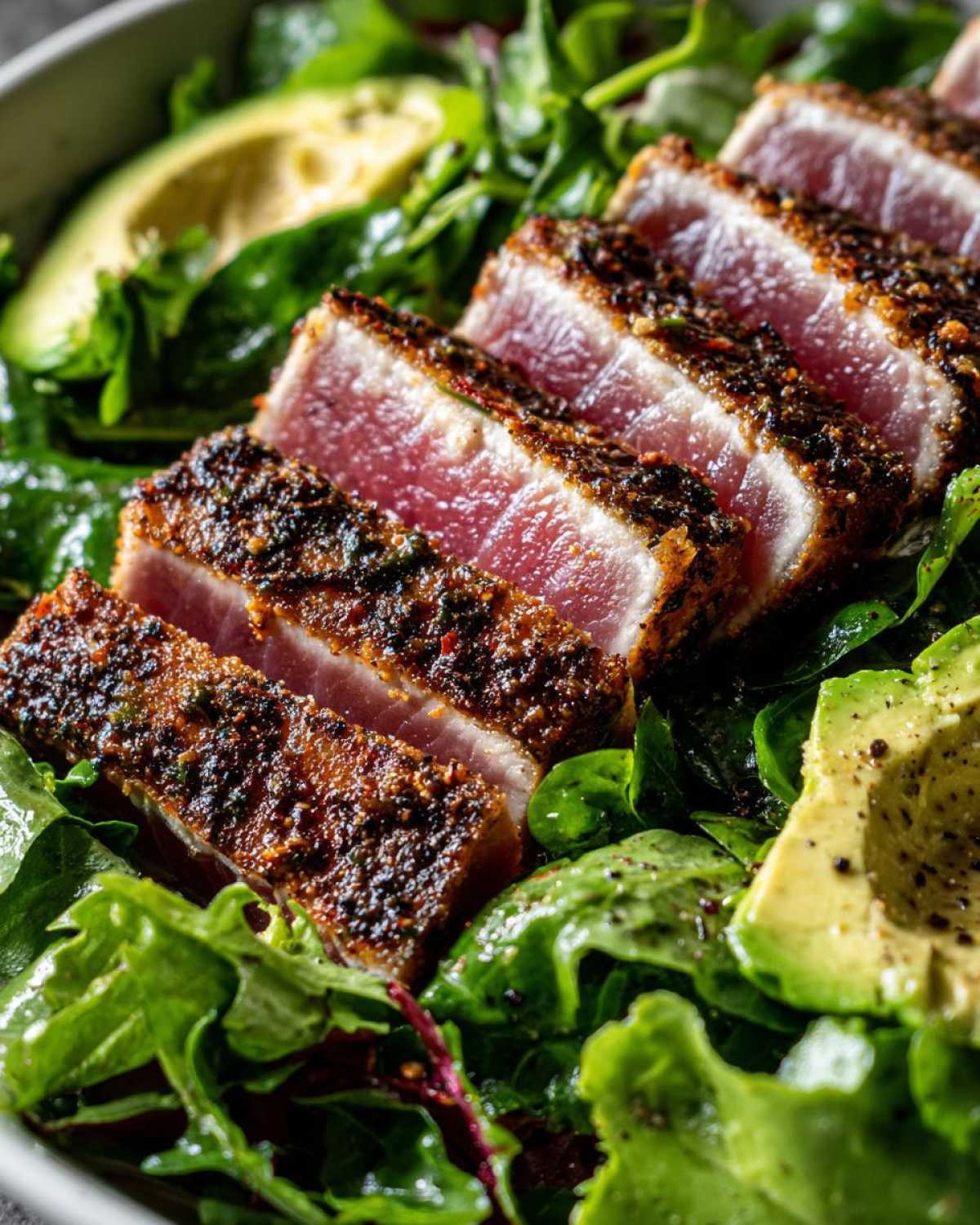 Close-up of a sliced tuna steak salad with seared tuna, fresh greens, and avocado.