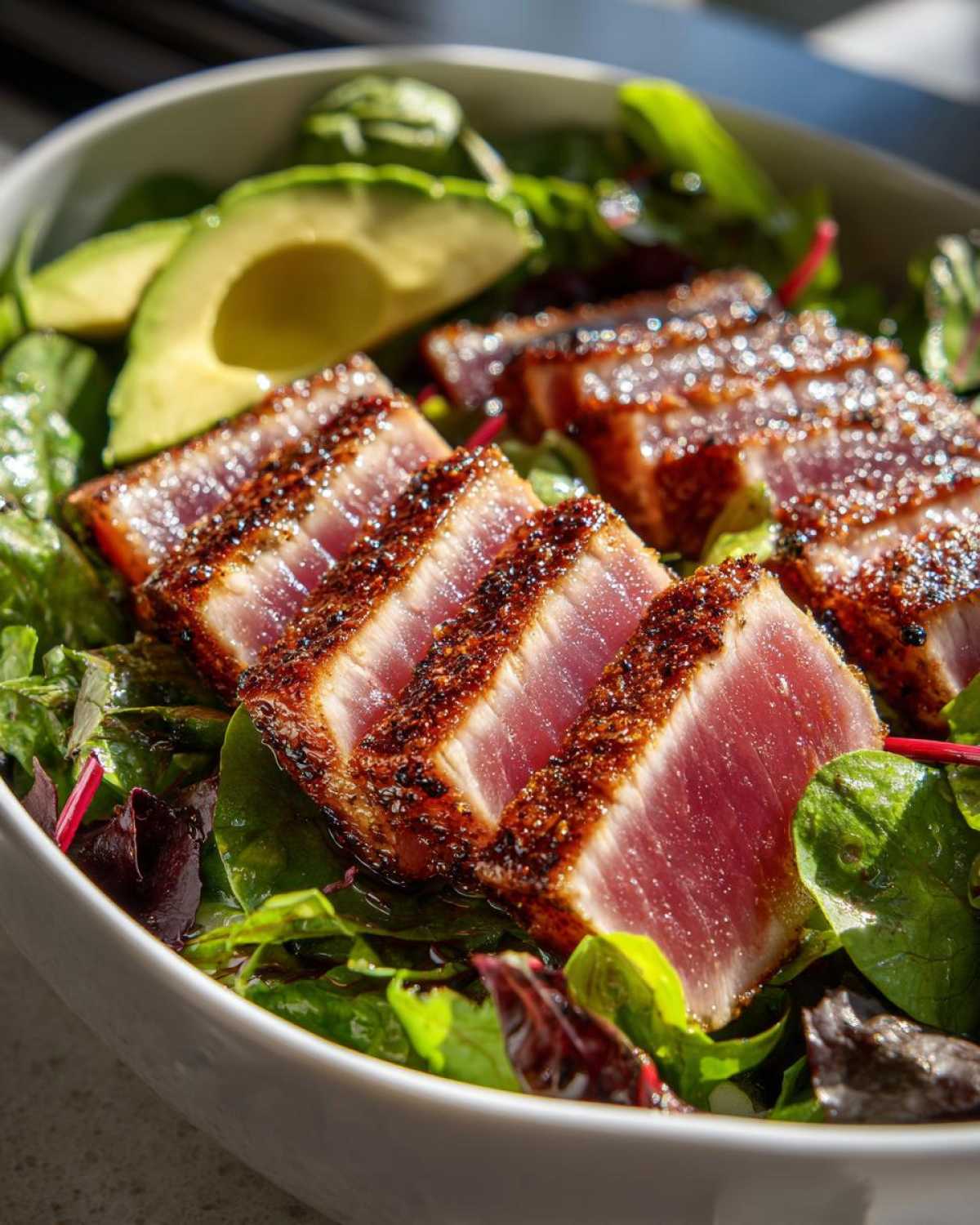 Close-up of a tuna steak salad with seared tuna slices, mixed greens, and avocado in a white bowl.
