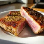 Two seared tuna steaks cast iron skillet, showing a rare center and seasoned crust.